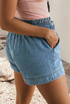 Smocked Elastic Waist Denim Shorts