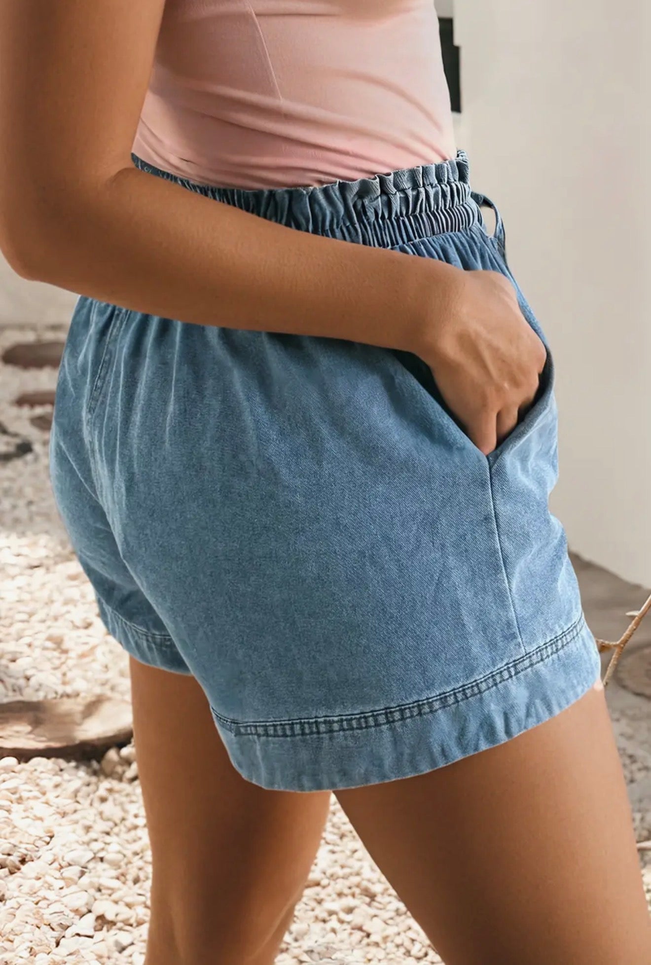 Smocked Elastic Waist Denim Shorts