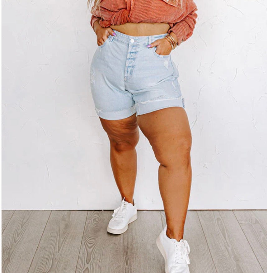 The Caspian Mid-rise Distressed Shorts Curves
