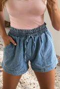 Smocked Elastic Waist Denim Shorts