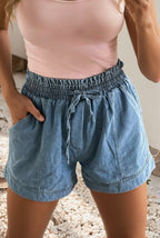Smocked Elastic Waist Denim Shorts