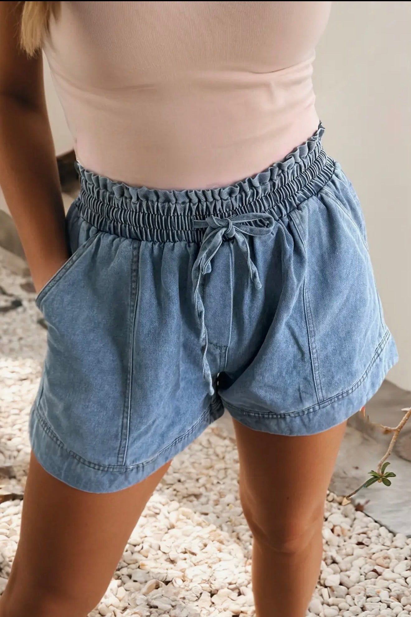 Smocked Elastic Waist Denim Shorts