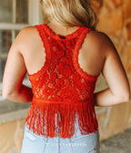 Red Lace Fringe Hem Crop Top