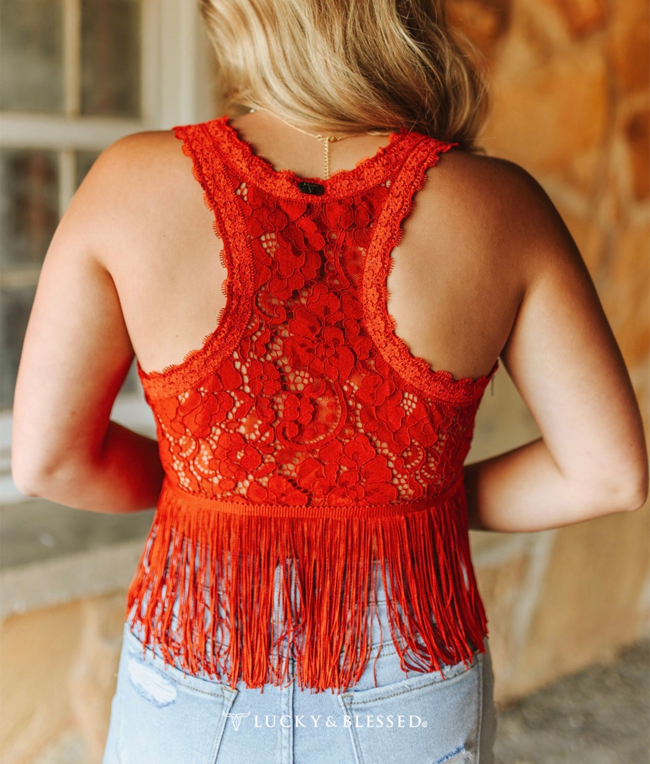 Red Lace Fringe Hem Crop Top
